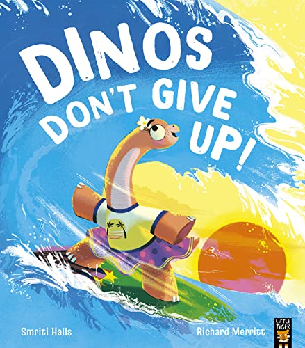 Cartoon dinosaur surfs a wave toward a bright orange sun.