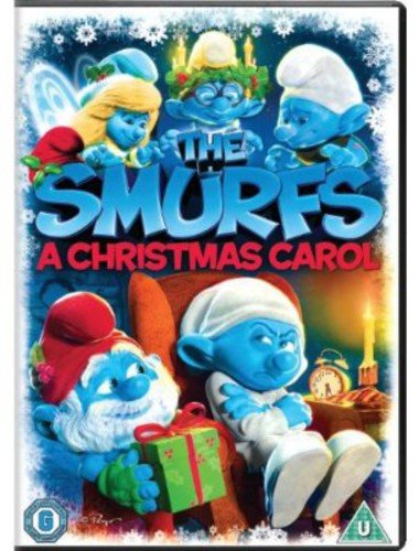 DVD cover art featuring Smurf characters in a festive Christmas setting with snowy background.