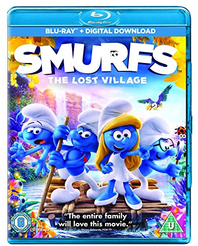 Blu-ray cover for Smurfs: The Lost Village featuring four Smurfs on a wooden raft.