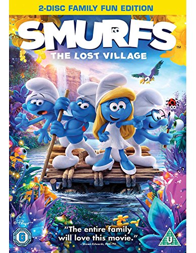 "DVD cover featuring cartoon Smurfs characters on a raft, surrounded by vibrant fantasy landscape."