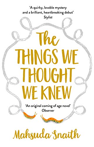 "The Things We Thought We Knew" book cover with yellow title and grey, chili-adorned frame.