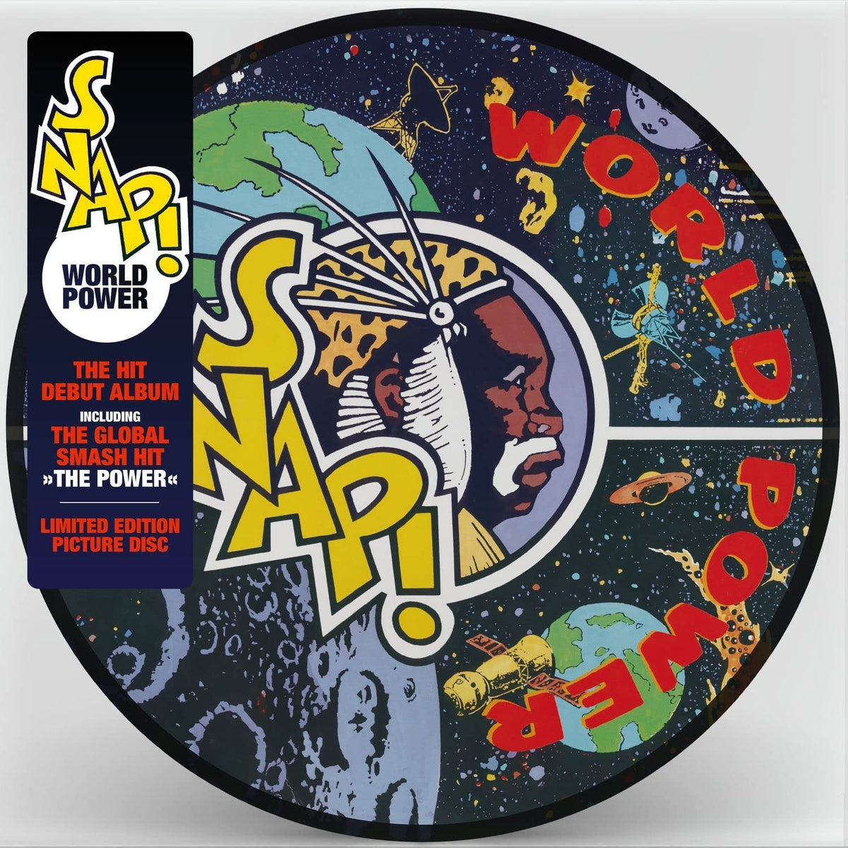 "Vinyl record with colorful, space-themed artwork and 'Snap!' and 'World Power' text."