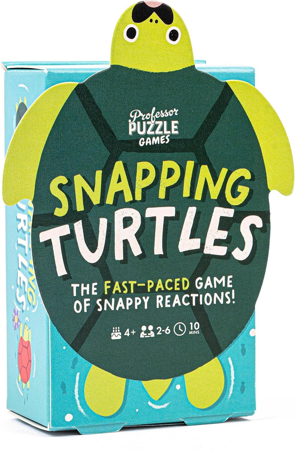 Snapping Turtles card game box shaped like a green turtle with yellow accents.