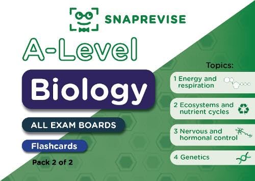Snaprevise A-Level Biology Pack 2 flashcards showing four topics on a green background.