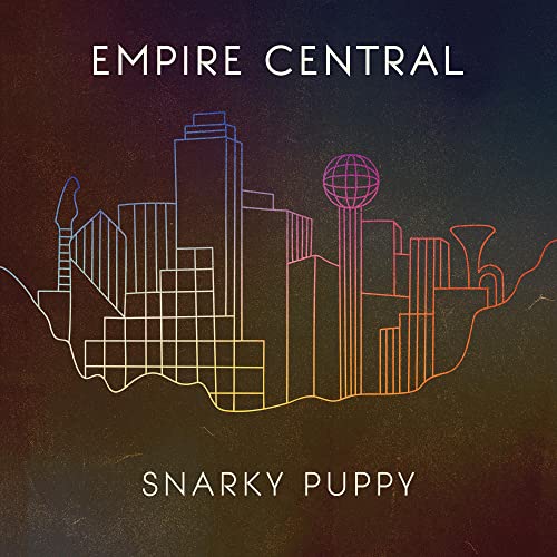 Album cover with a colorful line-art city skyline on a dark, textured background.