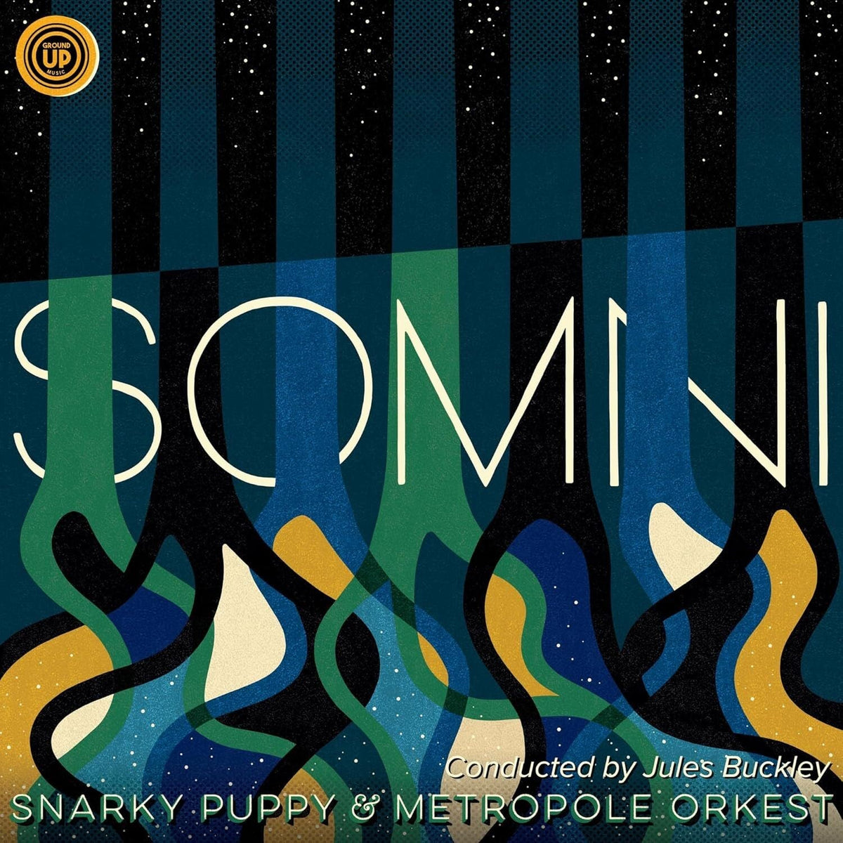 CD cover for Snarky Puppy’s “Somni” featuring abstract blue and green waves.