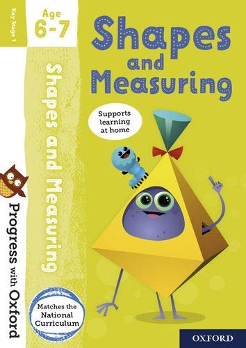 Yellow cover with cartoon shapes, text “Shapes and Measuring” for ages 6-7.