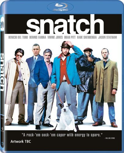 Blu-ray cover for the movie Snatch featuring the main cast and a dog.