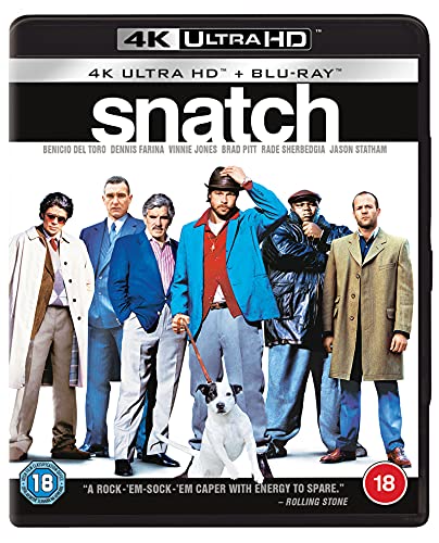 “Snatch” Blu-ray cover featuring a group of men and a white dog.