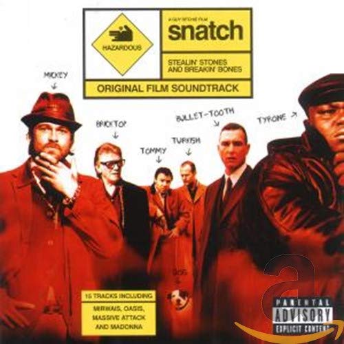 “Snatch” CD cover featuring film characters and a hazard sign.