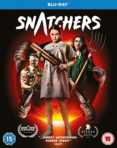 Blu-ray cover art for Snatchers featuring three people and monster claws against red background.