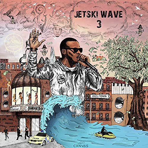 "Album cover art featuring a man standing in a wave, with cityscape and jet ski."