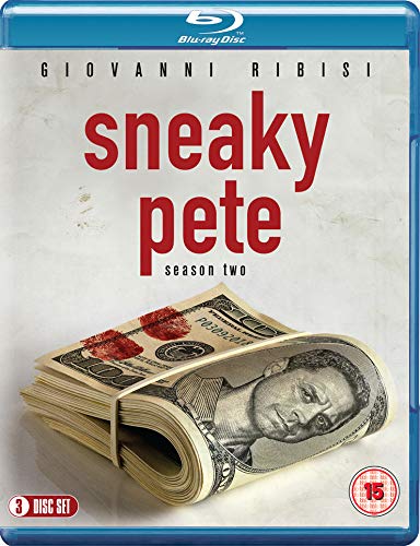 Sneaky Pete Season 2 Blu-ray cover featuring a stack of rolled hundred-dollar bills.