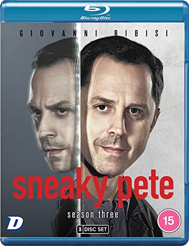 Blu-ray cover for Sneaky Pete Season 3 featuring a split portrait of Giovanni Ribisi.
