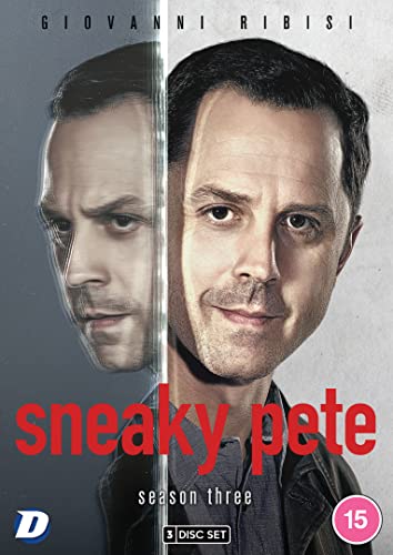 DVD cover for Sneaky Pete season three featuring a split portrait of Giovanni Ribisi.