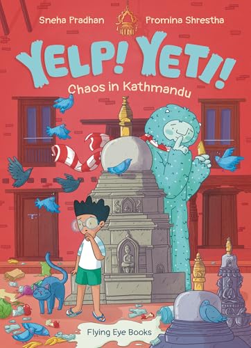 Book cover: a yeti, a boy, and birds in Kathmandu.
