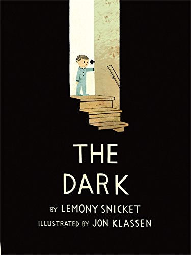 Book cover: boy with a flashlight on stairs, dark background.