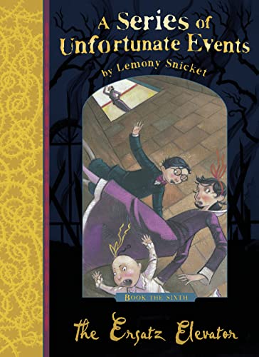 Book cover: "The Ersatz Elevator" by Lemony Snicket, showing figures falling.