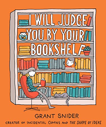 Book cover illustration featuring a person reading in a chair before a large bookshelf.