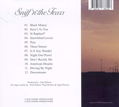 CD back cover with tracklist for Sniff 'n' The Tears' "Downstream".