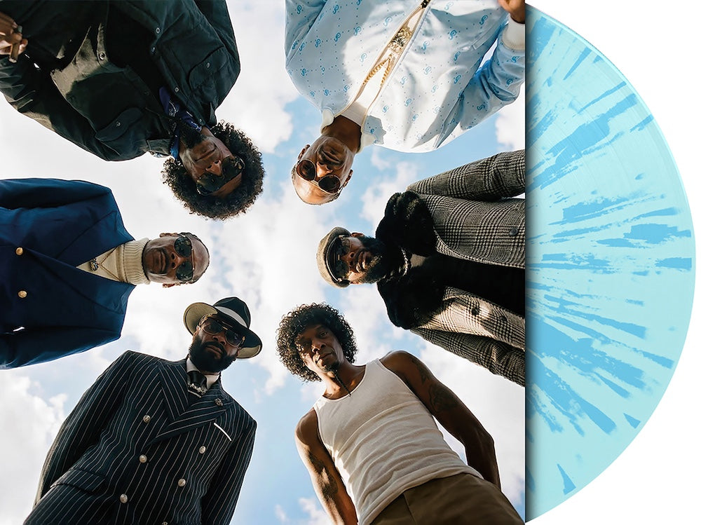 Snoop Dogg album cover with multiple figures and a blue splatter vinyl record.