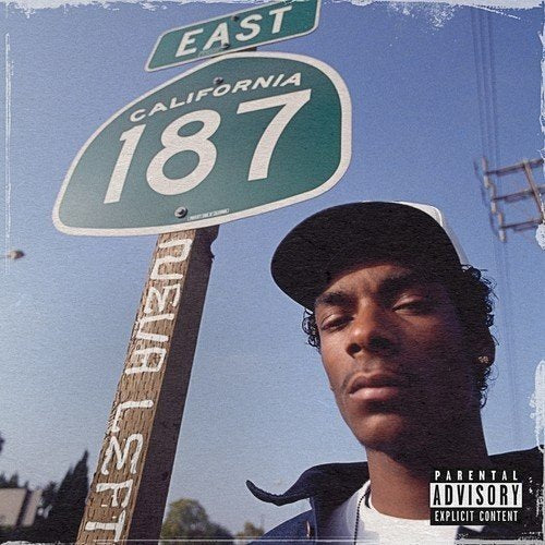 Snoop Dogg album cover featuring a man near a "California 187" road sign.