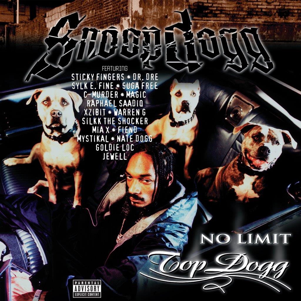 Snoop Dogg album cover, "No Limit Top Dogg," featuring dogs and a car.