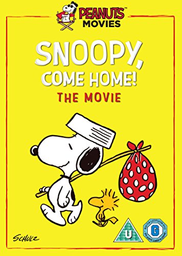 DVD cover for Snoopy, Come Home! featuring Snoopy and Woodstock on a yellow background.