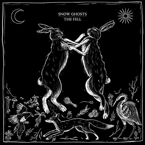 Black and white album cover featuring two hares and other animals.