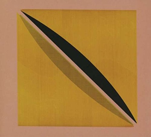 Abstract art featuring a yellow square with a curved black slash on pink background.