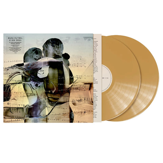 Gold vinyl records and cover with abstract image of two people embracing.