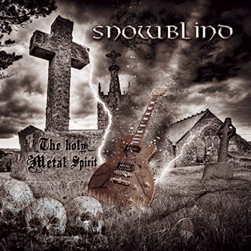 CD cover: graveyard, crosses, electric guitar, skulls, stormy sky.