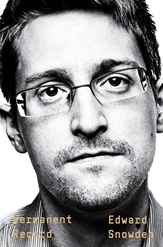 Black and white close-up portrait of Edward Snowden wearing glasses on a book cover.