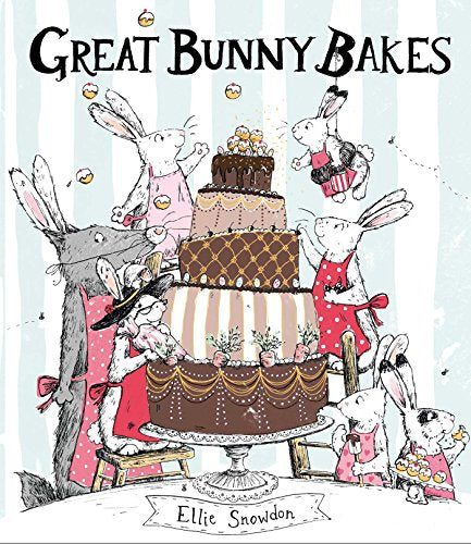 Book cover with illustrated bunnies and a tiered chocolate cake.