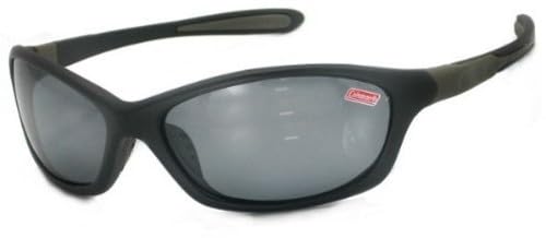 Black wraparound sunglasses with a red logo on the right lens.