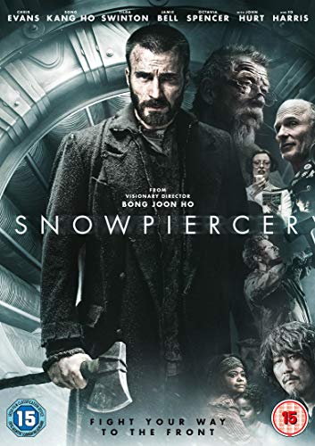 "Snowpiercer DVD cover featuring Chris Evans holding an axe, surrounded by other characters."