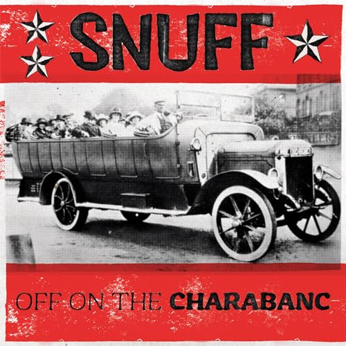 Vintage photograph of a crowded open-top bus, album cover for Snuff.
