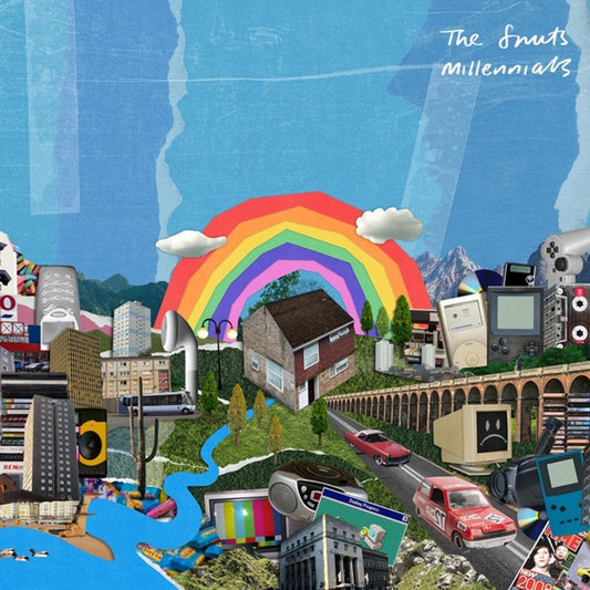 Collage art featuring a rainbow, a house, retro technology, and a blue river background.