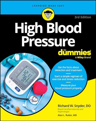 Book cover: "High Blood Pressure For Dummies" with blood pressure monitor and heart.