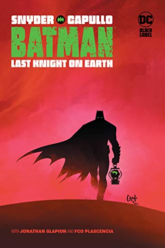 Batman stands silhouetted, holding a lantern against a red, smoky background.