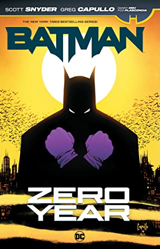 Batman silhouette with purple gloves against a yellow sun and dark city skyline.