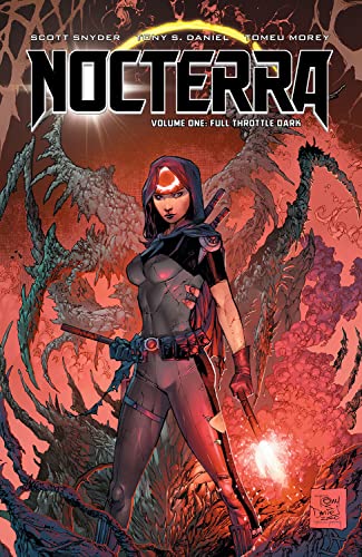 Comic book cover: hooded woman with weapons against a dark, organic background.