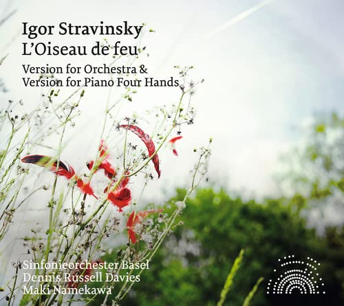 Album cover showing red feathers among wildflowers with text identifying Stravinsky's The Firebird.
