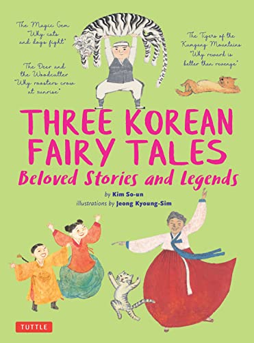 Book cover: “Three Korean Fairy Tales” with illustrations of characters.
