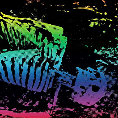 A skeleton ribcage and skull in a colorful halftone gradient against a black background.