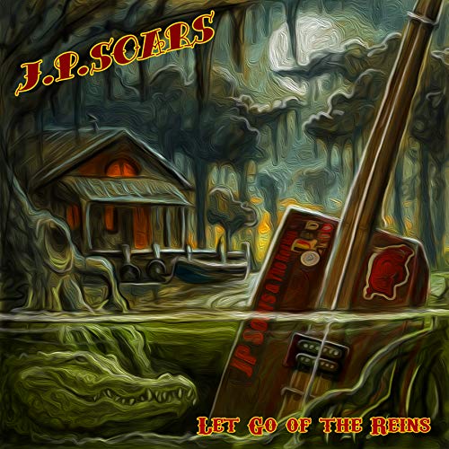 "Album cover art featuring a guitar in swamp water with a cabin in background."