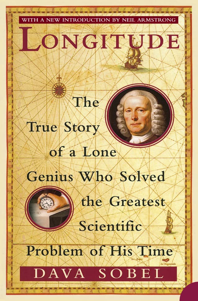 Book cover of Longitude by Dava Sobel featuring a portrait, a pocket watch, and maps.