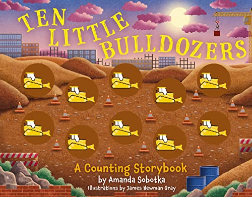 Book cover with ten yellow bulldozers on a brown, hilly construction site.
