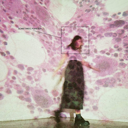 Blurry woman in plaid skirt standing in front of pink and white background.