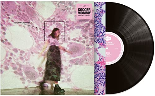 Soccer Mommy album cover and vinyl record with a pink, blurred portrait.